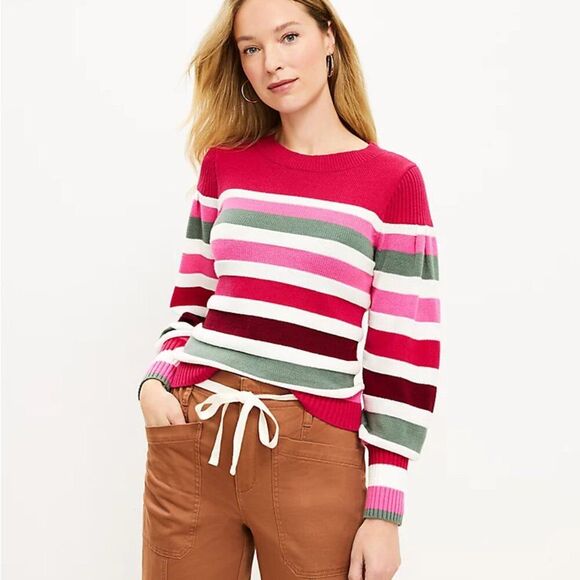 LOFT Sweaters - Loft Women's Pink White Grey Striped Honeycomb Stitch Sweater Size Medium